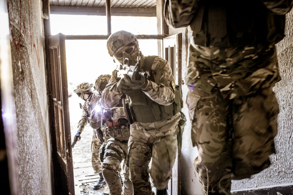 Special forces securing perimeter during the armed conflict